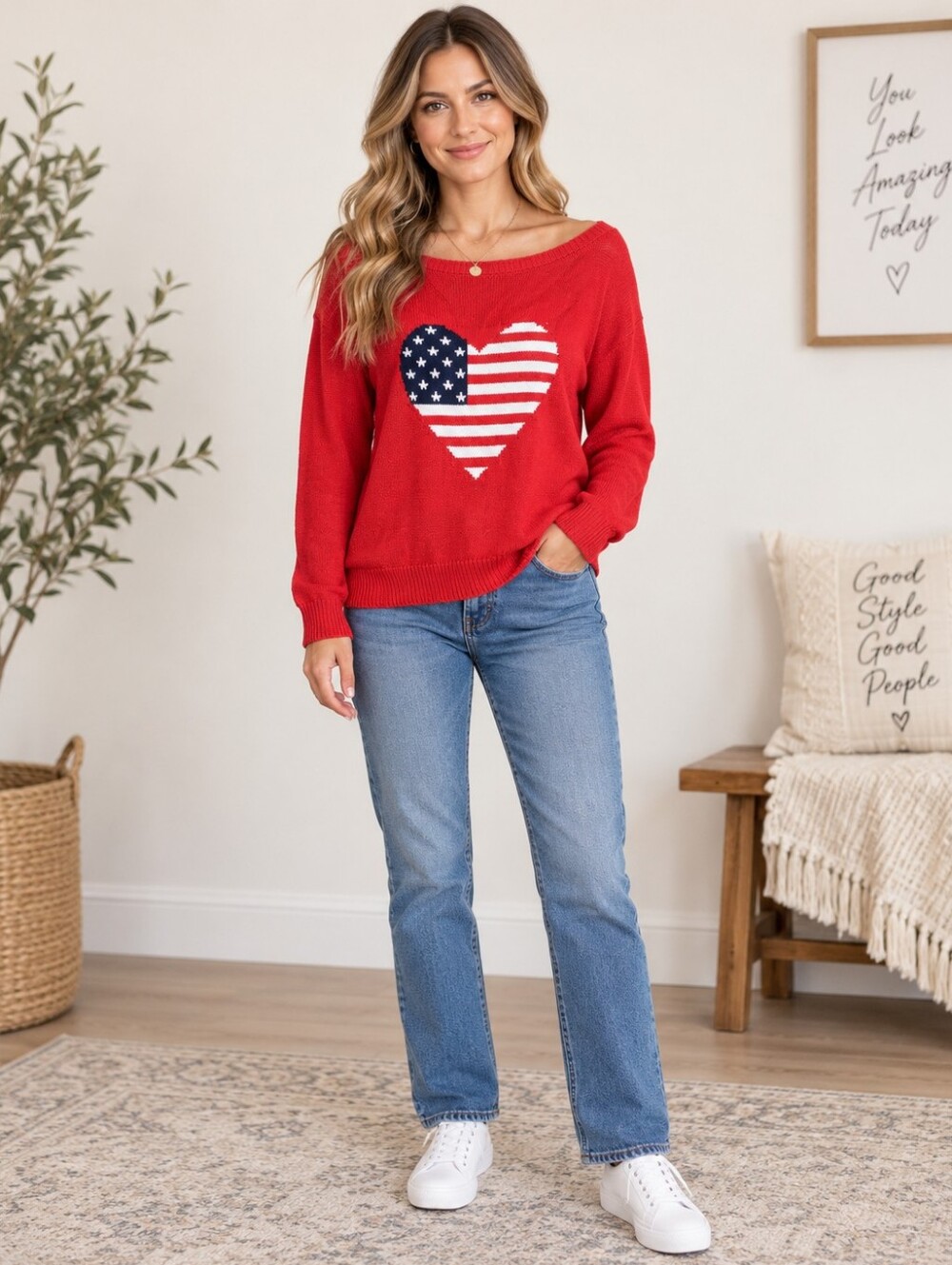 No Comment Red American Flag Heart Sweater Patriotic USA Small NWOT